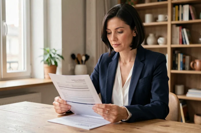 Femme comparant des documents d'assurance auto à son domicile pour faire le meilleur choix de contrat