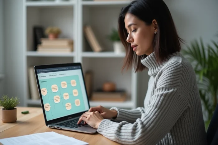 Femme consultant un sitemap de site web sur son ordinateur portable dans un bureau minimaliste