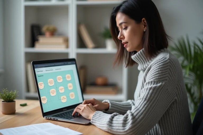 Femme consultant un sitemap de site web sur son ordinateur portable dans un bureau minimaliste