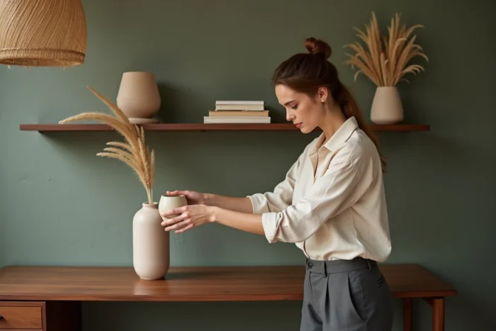 Femme décorant une étagère en bois dans un bureau moderne au style mi-siècle, avec objets artisanaux et mur en plâtre vert olive