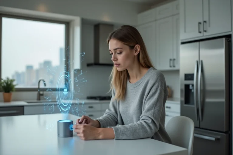 Femme utilisant un hub domotique intelligent dans une cuisine moderne, illustrant les innovations technologiques du quotidien en 2024