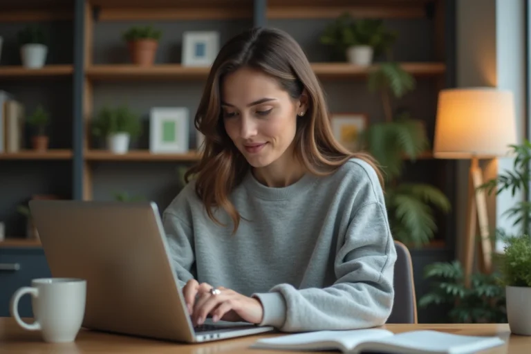 Femme consultant ses emails sur un ordinateur portable dans un bureau à domicile moderne et chaleureux