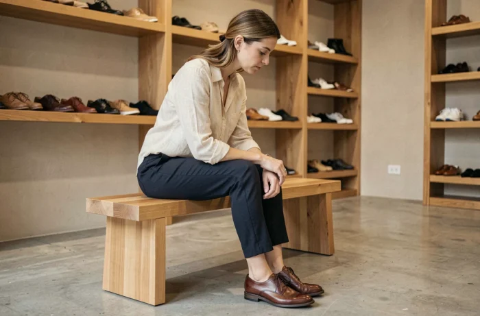 Femme essayant des chaussures en cuir oxford dans une boutique moderne, assise sur un banc en bois, évaluant le confort et le style au quotidien