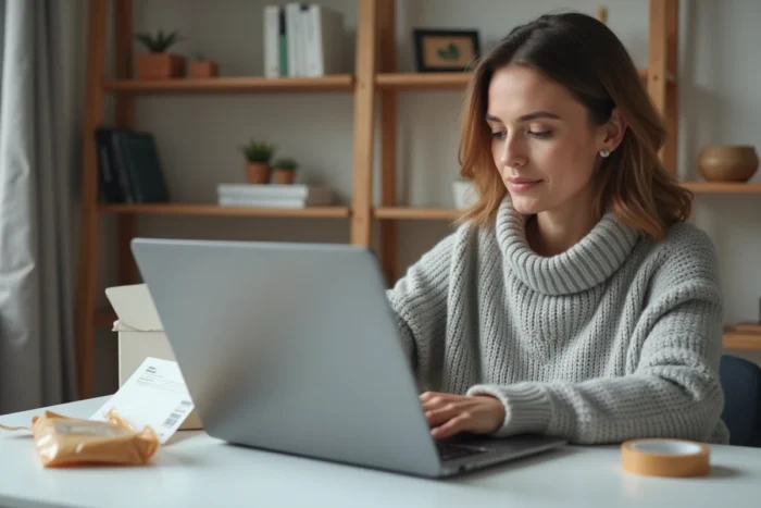 Femme consultant l'application Vinted sur ordinateur pour générer une étiquette d'envoi Mondial Relay gratuite