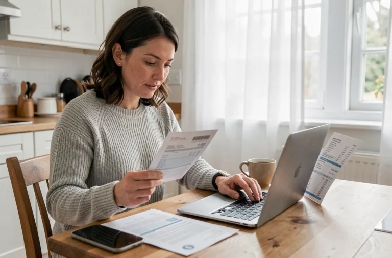 Femme consultant une facture Free impayée sur ordinateur portable à sa table de cuisine