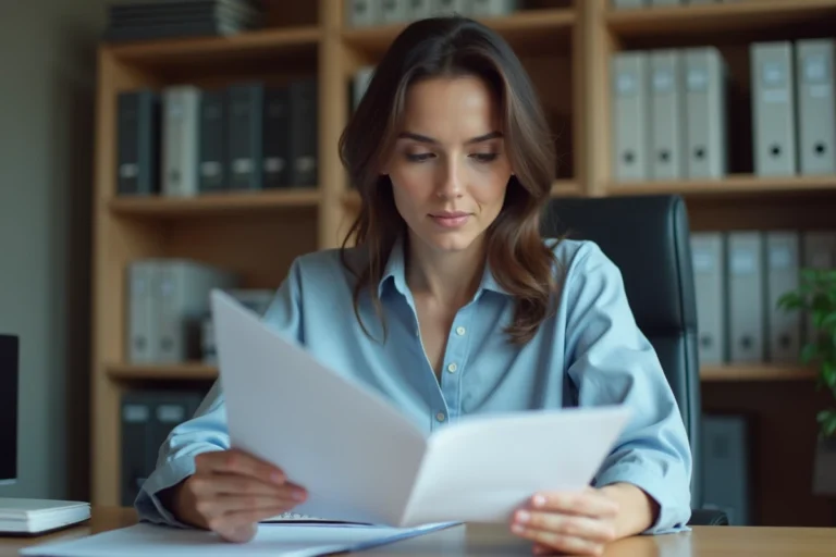 Femme examinant une fiche individuelle d'état civil dans un bureau administratif