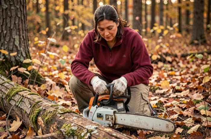 Femme inspectant la chaîne d'une tronçonneuse lubrifiée avec une huile écologique en forêt automnale