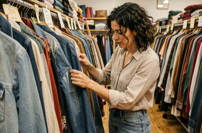 Femme inspectant une veste en jean vintage sur un portant de friperie, vêtements d'occasion colorés en arrière-plan