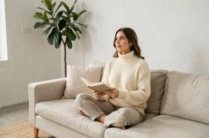 Jeune femme d'origine libanaise lisant un livre sur un canapé en lin dans un salon minimaliste et chaleureux