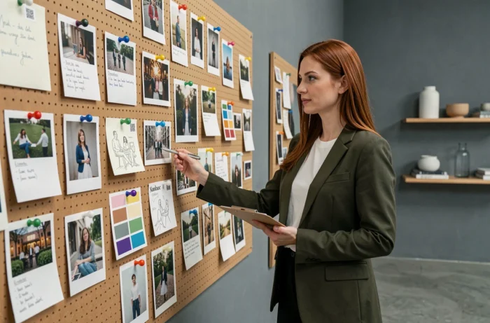 Femme devant un mur de contenu créatif varié dans un studio moderne symbolisant une plateforme d'inspiration rassemblée en un seul endroit