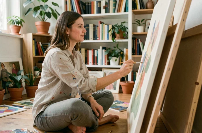 Femme peignant sur toile dans un appartement cosy, activité créative pendant le temps libre