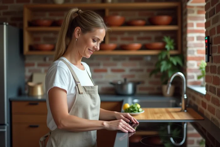 Femme utilisant une plaque à induction avec compteur d'énergie visible affichant la consommation en watts
