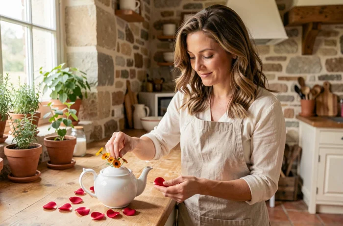 Femme préparant une infusion artisanale avec des pétales de roses et fleurs de calendula biologiques dans une cuisine rustique