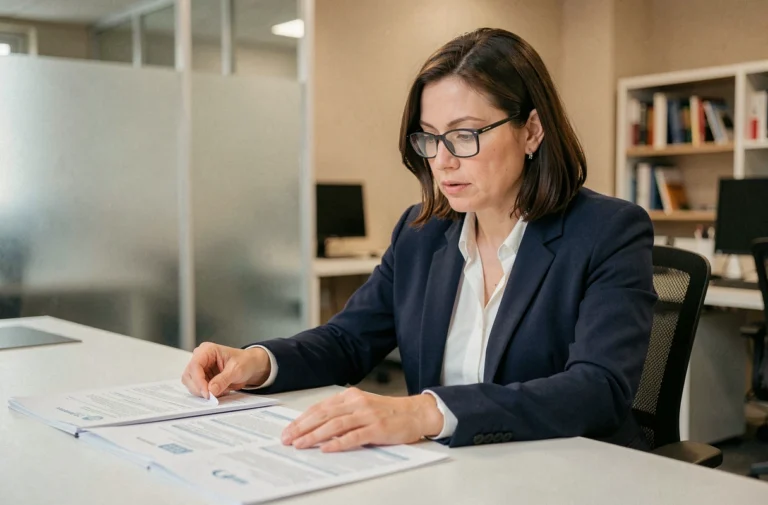 Femme professionnelle consultant des documents d'immatriculation SIREN et SIRET dans un bureau moderne