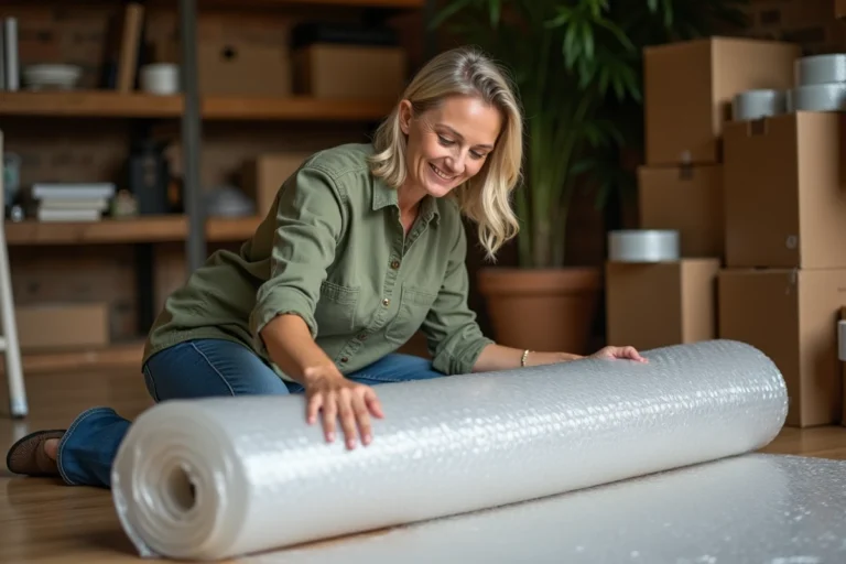 Femme récupérant du papier bulle gratuit dans un garage rempli de cartons et matériaux d'emballage