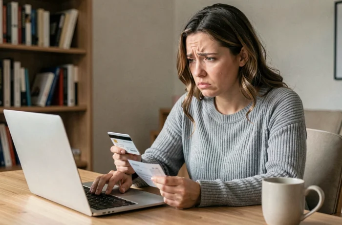 Femme inquiète examinant un relevé bancaire avec un paiement CB inconnu sur son ordinateur portable