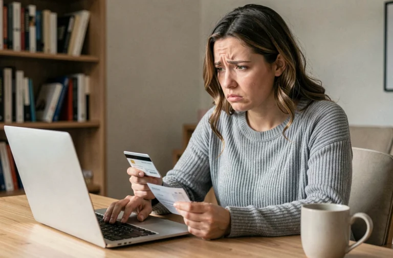 Femme inquiète examinant un relevé bancaire avec un paiement CB inconnu sur son ordinateur portable