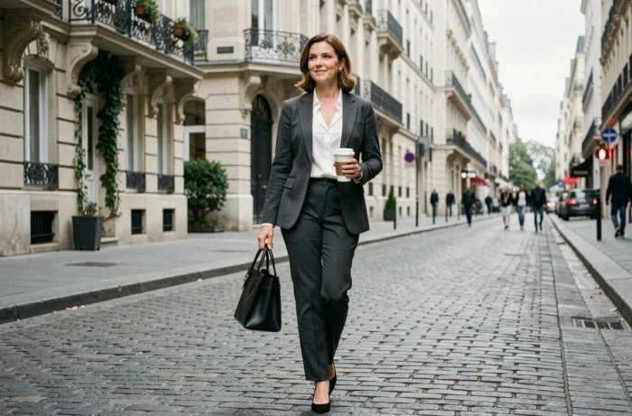 Femme professionnelle portant un sac tendance noir structuré en marchant dans une rue pavée parisienne avec façades haussmanniennes