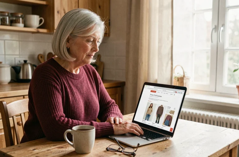 Femme senior commandant des vêtements Damart en ligne sur un ordinateur portable dans une cuisine chaleureuse
