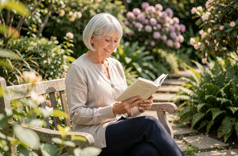 Femme senior souriante lisant un livre sur un banc dans un jardin botanique verdoyant, illustrant une retraite sereine et épanouie