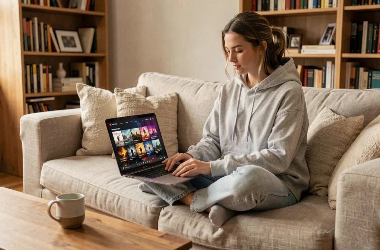 Jeune femme regardant une plateforme de streaming gratuite sur son ordinateur portable depuis son canapé