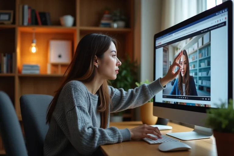 Femme consultant un site de vidéos françaises sur un ordinateur dans un bureau à domicile