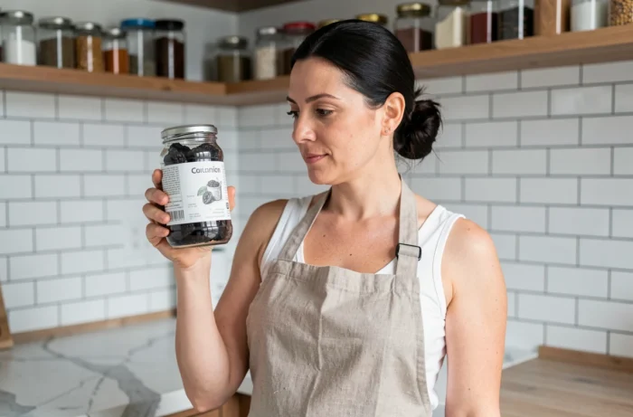 Femme vérifiant la date de conservation de pruneaux dans un bocal en verre hermétique dans une cuisine moderne