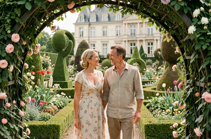 Couple visitant le Festival des Jardins du château de Chaumont-sur-Loire au printemps parmi les installations florales
