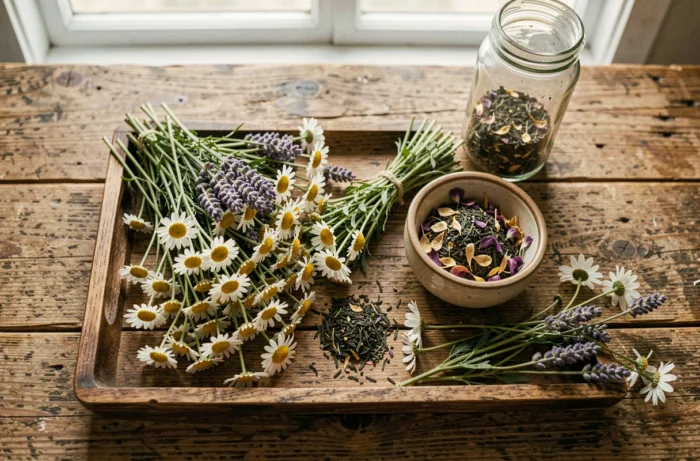 Plateau en bois avec des fleurs biologiques de camomille et lavande séchées pour infusion de thé naturel