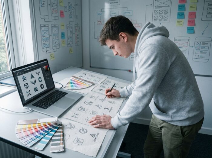 Jeune homme en formation courte de graphisme esquissant des logos à la main sur une table à dessin dans un atelier d'école de design