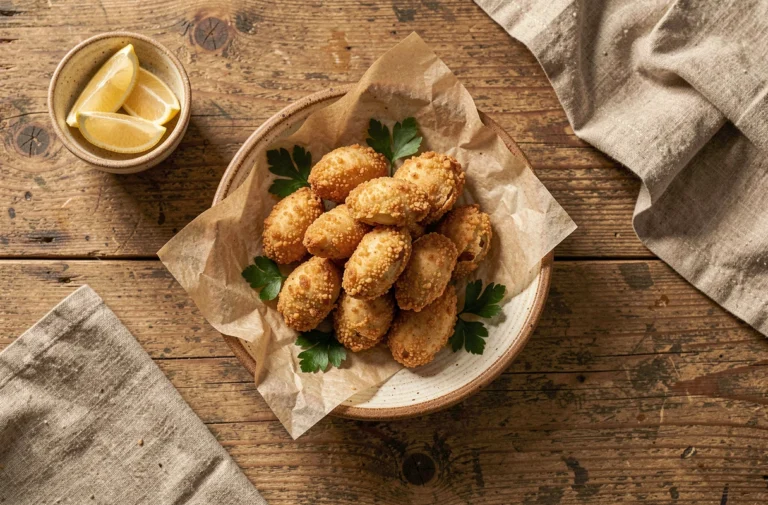 Friture de joels dorés et croustillants servis sur une assiette en céramique rustique avec persil frais et quartiers de citron