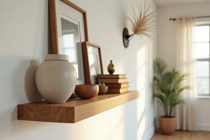 Étagère à tasseaux en bois décorée d'objets de famille, cadres photo, vases et livres vintage dans un intérieur chaleureux