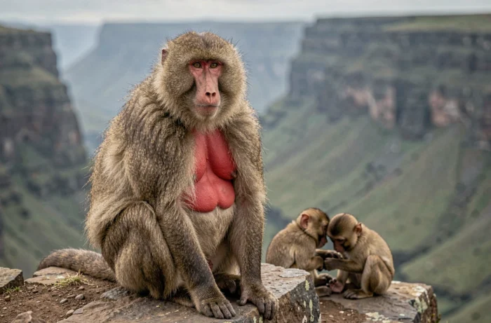 Femelle gélada assise sur une falaise éthiopienne avec sa plaque cutanée rouge visible, entourée de jeunes babouins