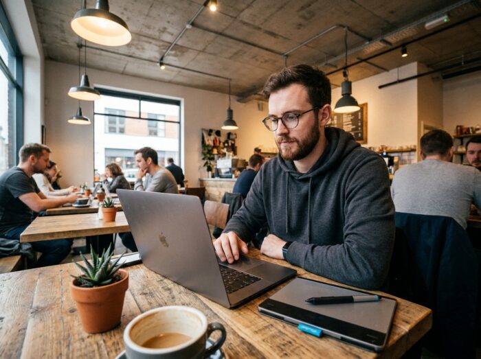 Graphiste indépendant en télétravail dans un espace de coworking avec laptop et tablette graphique en 2026