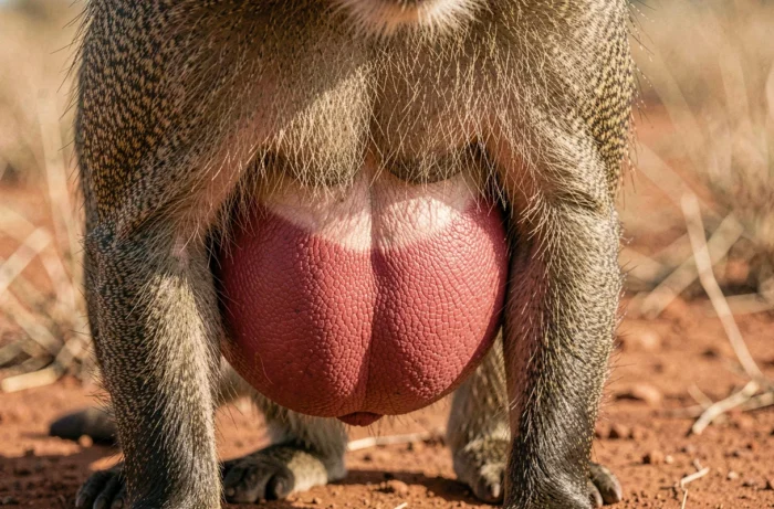 Gros plan scientifique sur les callosités ischiatiques rouges d'un babouin chacma mâle adulte en Afrique du Sud