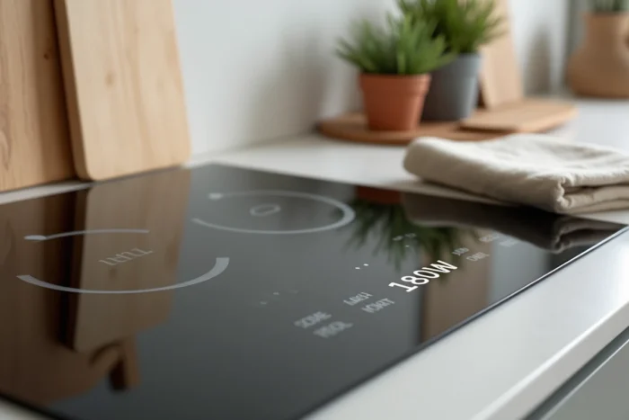 Gros plan sur le panneau de commande d'une plaque à induction affichant 1800 watts et un minuteur numérique