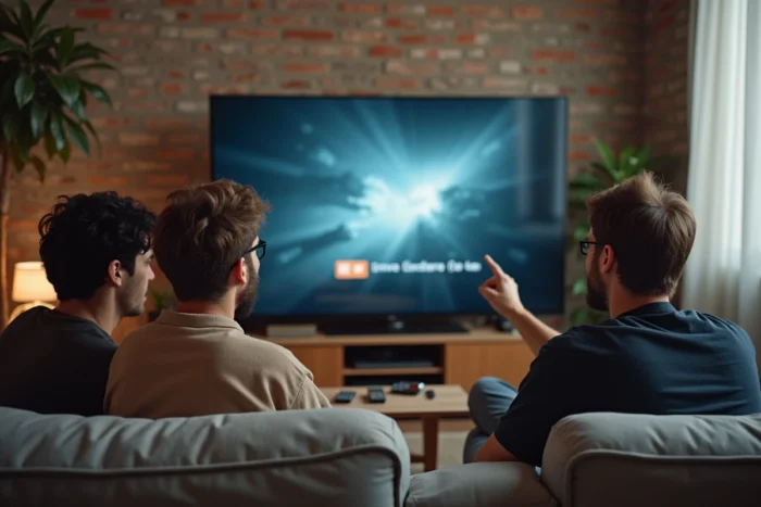 Groupe d'adultes français regardant des vidéos ensemble dans un salon moderne