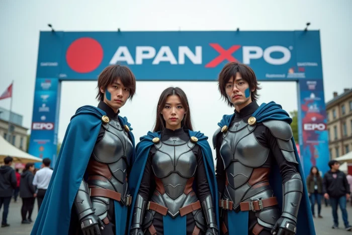 Groupe de trois amis en cosplay fantasy armure bleue et argent devant l'entrée de la Japan Expo, avec décor extérieur de convention et autres participants en arrière-plan