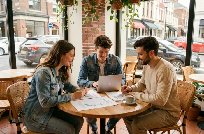 Groupe de jeunes entrepreneurs collaborant autour d'un plan d'affaires dans un café urbain moderne