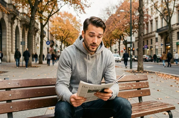 Homme lisant les actualités de la semaine sur smartphone et journal dans une place publique urbaine en automne