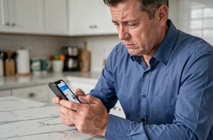 Homme consultant son application bancaire sur smartphone pour identifier un paiement inconnu en imprimerie