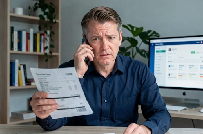 Homme au bureau à domicile contactant le service client Free pour régler une facture impayée