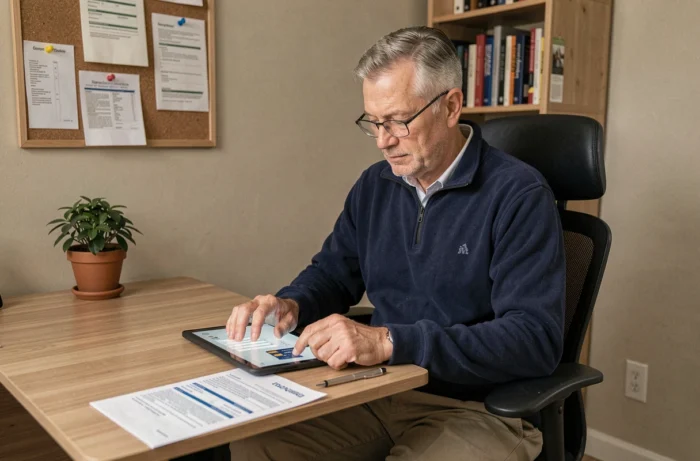 Homme mature saisissant ses informations de paiement sur une tablette pour une commande en ligne sécurisée