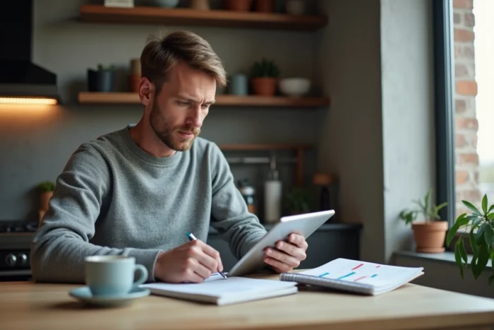 Homme concentré comparant des données d'investissement immobilier sur tablette et notes manuscrites à domicile