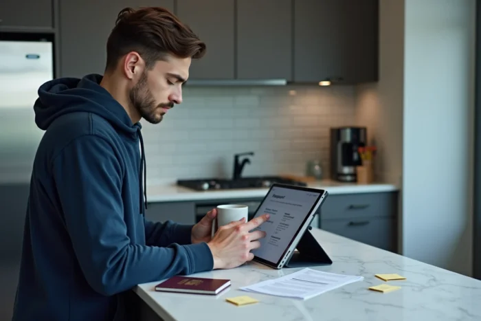 Homme consultant un site de comparaison de voyages sur une tablette dans une cuisine moderne avec passeport et itinéraire posés sur le comptoir