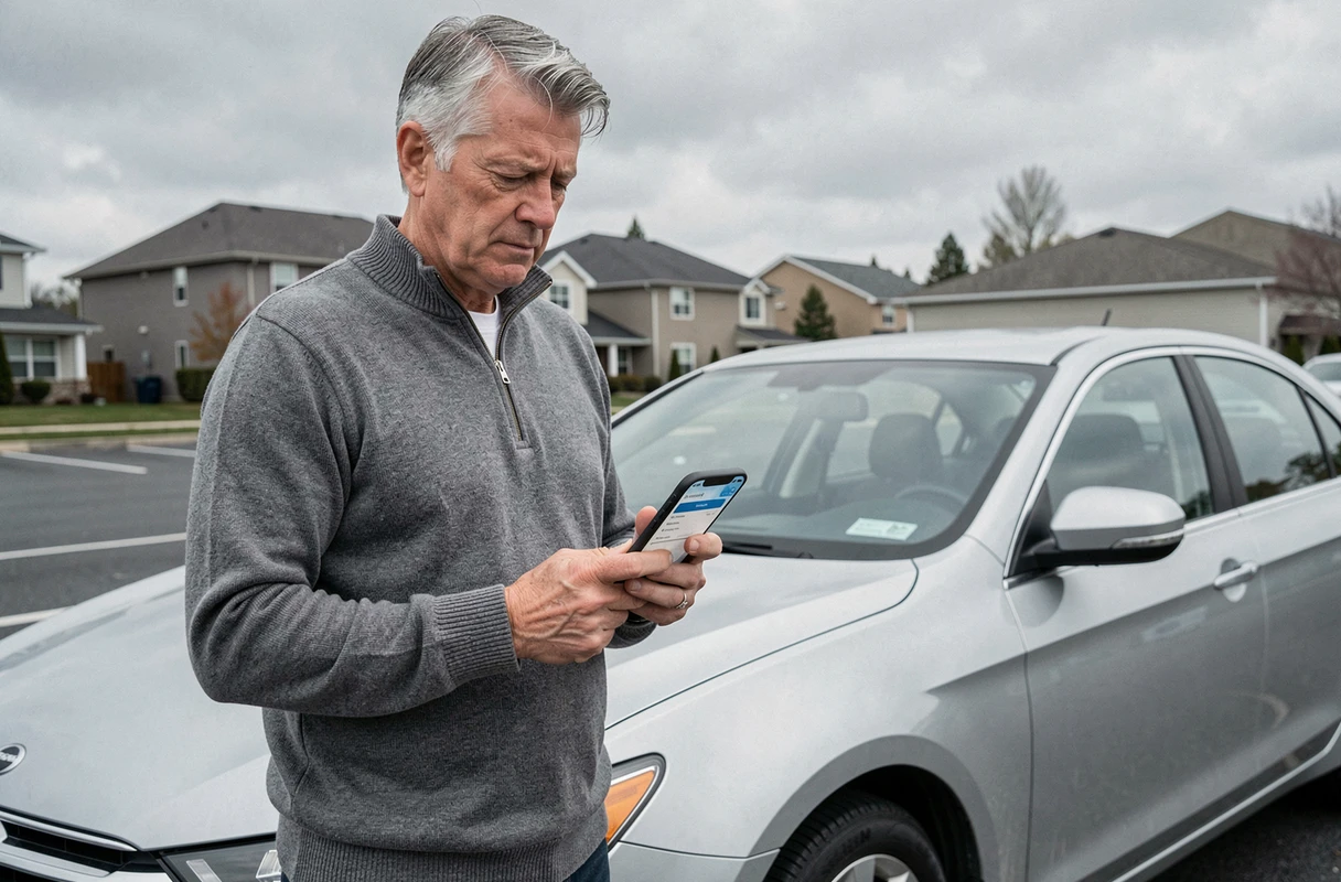 Homme utilisant une application mobile pour comparer des offres d'assurance auto près de sa voiture