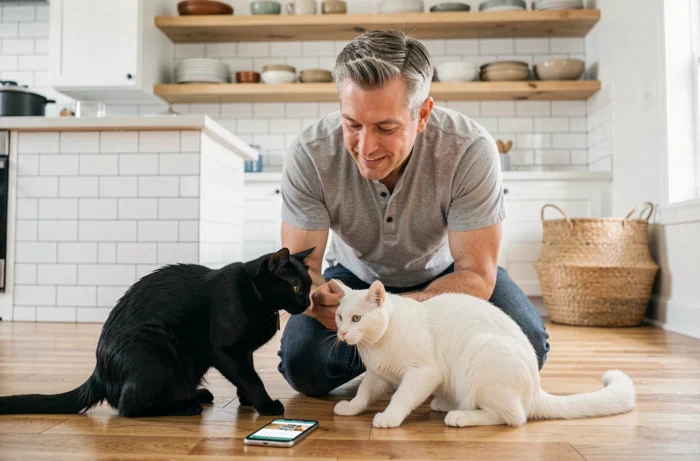 Homme d'âge moyen jouant avec deux chats, l'un noir et l'autre blanc, sur le sol d'une cuisine moderne lumineuse, avec un smartphone affichant un site sur les chats posé à côté de lui