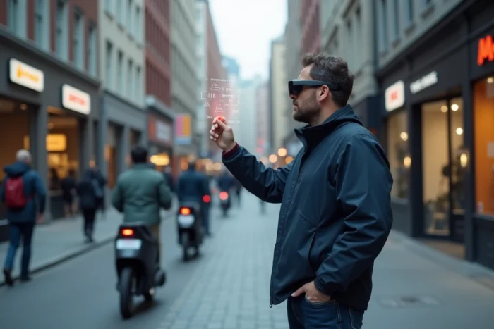 Homme portant des lunettes de réalité augmentée en milieu urbain, symbole des technologies portables innovantes en 2024