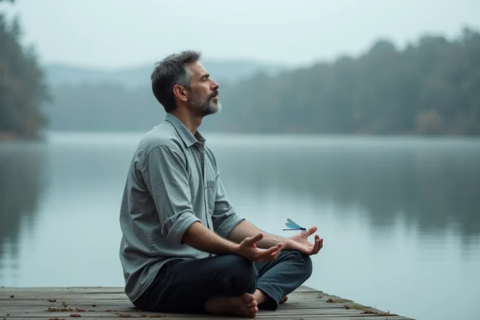 Homme en méditation sur un ponton avec une libellule bleue posée sur son genou, illustrant la connexion entre l'énergie corporelle et les chakras