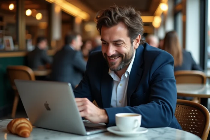 Homme consultant une plateforme vidéo française sur son ordinateur dans un café parisien